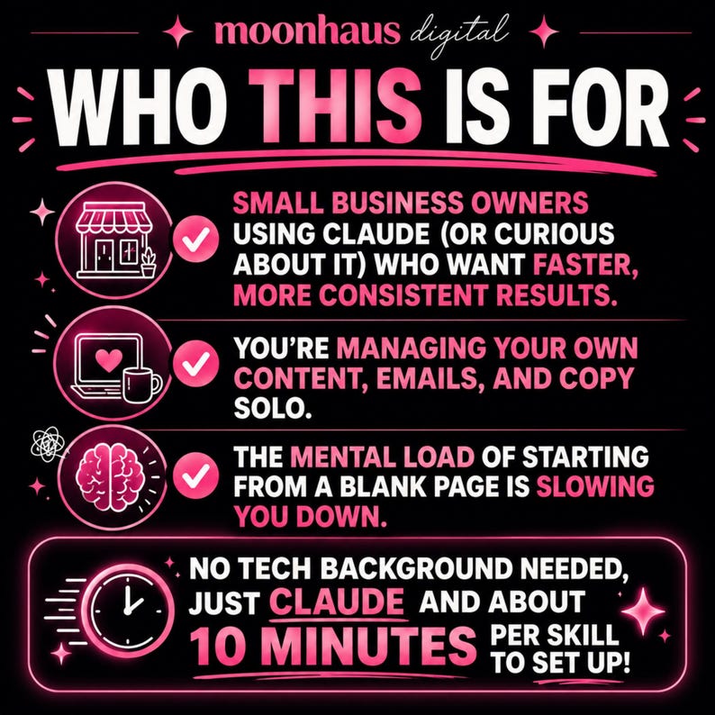 May include: A black digital graphic with pink text and icons titled WHO THIS IS FOR. It lists three points for small business owners using Claude, managing content solo, and overcoming mental blocks, plus a note about 10 minutes to set up.