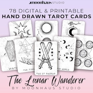 Printable Lunar Wanderer Tarot Deck: 78 Hand-Drawn Cards, Witchy Stickers, Digital Download