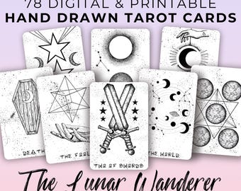 Printable Lunar Wanderer Tarot Deck: 78 Hand-Drawn Cards, Witchy Stickers, Digital Download