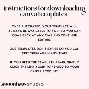 easy to follow instructions for downloading a digital purchase to one’s Canva account by using the supplied Canva link in purchase.