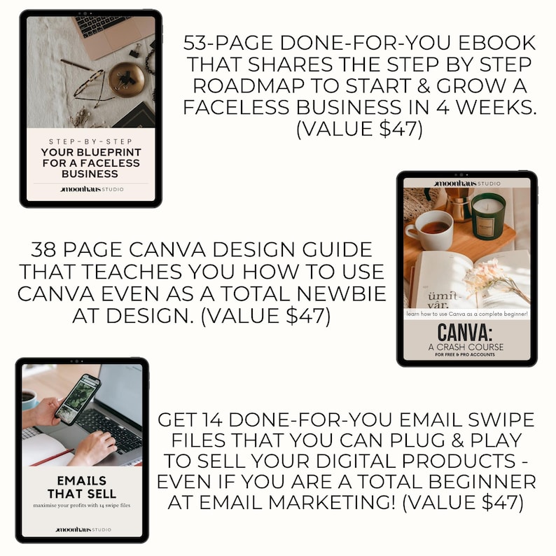 three highly aesthetic e- books ready for you to edit within Canva and make your own from the faceless booklet download set