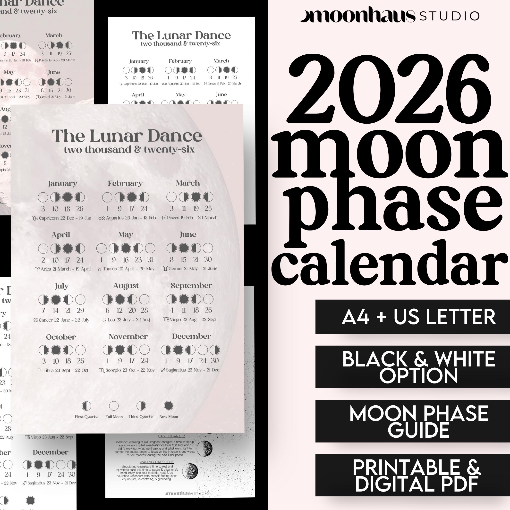 2026 Moon Phase Calendar Printable • Lunar Planner PDF ...
