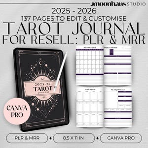 tarot journal printable, PLR MRR planner, resellable ebooks, canva pro, 2025 daily digital journal, 2025-2026 planner, learn tarot, witchy