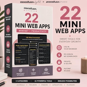 May include: A product box for 22 Mini Web Apps Mindset + Productivity featuring digital screens displaying a Life Wheel Assessment, Weekly Capacity Planner, Purpose Finder, and Productivity Score Calculator with icons for browser use and security.