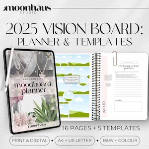 Tablero de visión, moodboard: cómo crear un planificador y un diario con plantillas de Canva (PDF). Cree diseños de tableros de visión hermosos y estéticos para su manifestación.