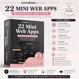Promotional graphic for “22 Mini Web Apps Business Edition” by MoonHaus Studio featuring browser based web apps for digital products, business growth, and productivity. The collection includes calculators, trackers, generators, builders, and planners designed to help creators make money online, sell on Etsy, and build trending digital products using tools inspired by ChatGPT and Claude AI workflows.