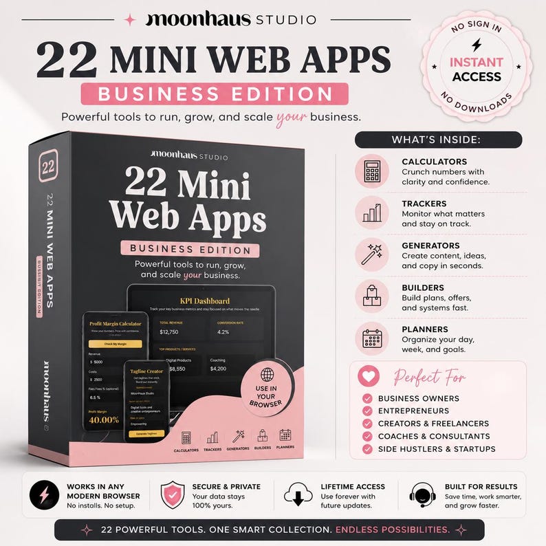 Promotional graphic for “22 Mini Web Apps Business Edition” by MoonHaus Studio featuring browser based web apps for digital products, business growth, and productivity. The collection includes calculators, trackers, generators, builders, and planners designed to help creators make money online, sell on Etsy, and build trending digital products using tools inspired by ChatGPT and Claude AI workflows.