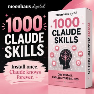 Può includere: Una scatola rettangolare bianca e rosa etichettata 1000 CLAUDE SKILLS con il testo ONE INSTALL. ENDLESS POSSIBILITIES. La scatola presenta una sagoma nera di una testa umana con un'icona di cervello floreale rosa e icone circolari.