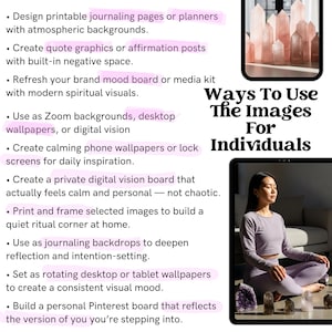 May include: Image detailing uses for images, including Zoom backgrounds and desktop wallpapers. A woman meditates on a tablet, with crystals around her. The text also mentions vision boards. The image includes a display of pink crystals.