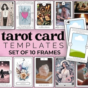 Op de afbeelding: Een set van 10 tarotkaart sjablonen met diverse ontwerpen. De kaarten bevatten illustraties van een vrouw, kristallen en andere mystieke beelden. De tekst "tarot card templates" en "set of 10 frames" worden weergegeven.