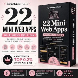 Promotional graphic for “22 Mini Web Apps Business Edition” by MoonHaus Studio featuring browser based web apps for digital products, business growth, and productivity. created by Etsy seller with 0.2% top Etsy store.