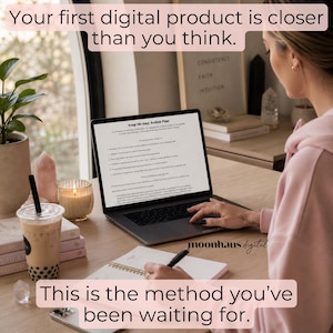 Woman working on laptop with digital product action plan and ai prompts ebook open on screen. Perfect for Etsy sellers wanting to build a side hustle with digital products, Claude AI, and ChatGPT prompt workflows. Focused on selling trending products and making money online.