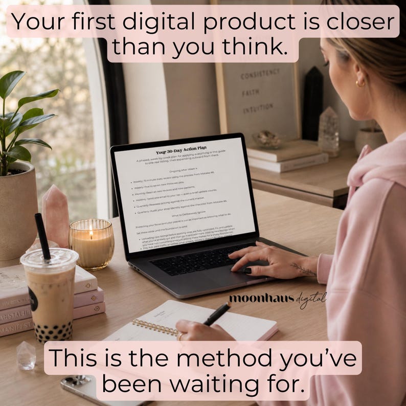 Woman working on laptop with digital product action plan and ai prompts ebook open on screen. Perfect for Etsy sellers wanting to build a side hustle with digital products, Claude AI, and ChatGPT prompt workflows. Focused on selling trending products and making money online.