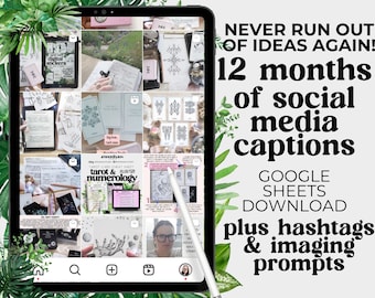 12 months of social media content prompts - google sheets, with hashtags and image inspiration, 365 days of content