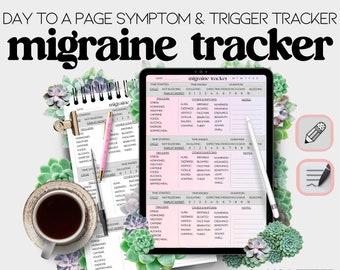 migraine tracker log, a printable symptom & trigger journal, for chronic pain and illness, in digital and PDF