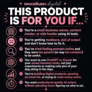 May include: A black digital graphic with pink text and icons titled THIS PRODUCT IS FOR YOU IF. It lists six points for small business owners using AI tools, addressing issues with output quality, prompt complexity, and business task automation.