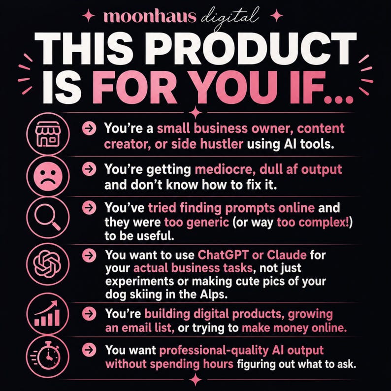 May include: A black digital graphic with pink text and icons titled THIS PRODUCT IS FOR YOU IF. It lists six points for small business owners using AI tools, addressing issues with output quality, prompt complexity, and business task automation.