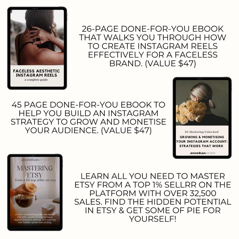 three of the e-books that come as part of the faceless aesthetic social media packaged