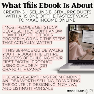 Ebook about creating and selling digital products with Claude AI and Canva for Etsy sellers. Covers ai prompts ebook strategies, digital products, instant download products, and how to make money online with a side hustle. Ideal for beginners wanting to sell on Etsy using ChatGPT prompt systems and Claude AI workflows.