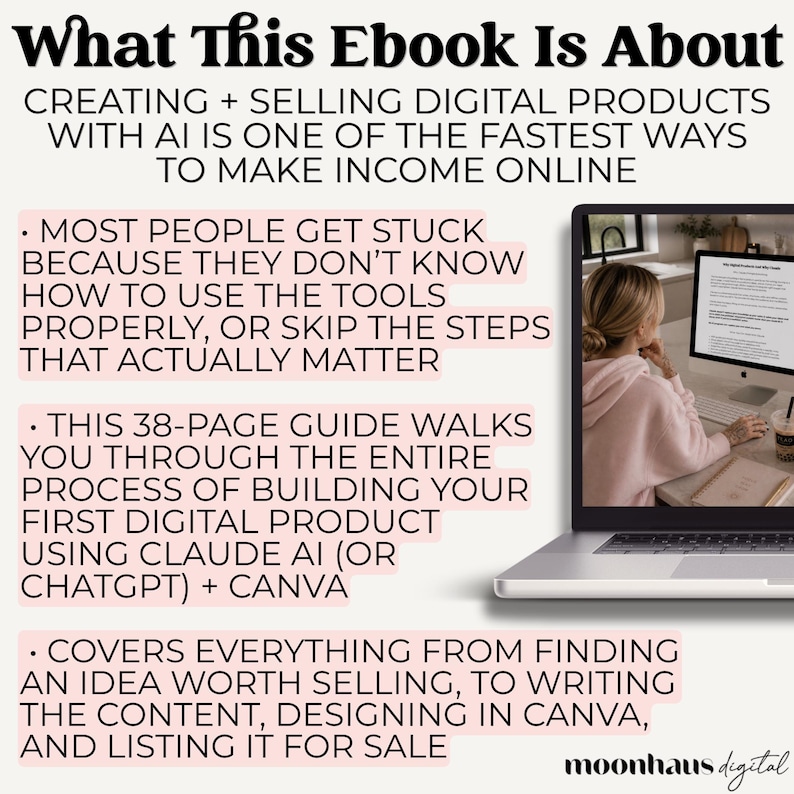 Ebook about creating and selling digital products with Claude AI and Canva for Etsy sellers. Covers ai prompts ebook strategies, digital products, instant download products, and how to make money online with a side hustle. Ideal for beginners wanting to sell on Etsy using ChatGPT prompt systems and Claude AI workflows.