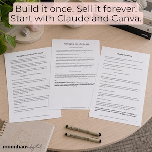 Digital products guide showing printable ebook pages created with Claude AI and Canva. Ideal for Etsy sellers wanting a side hustle, instant download income, and beginner-friendly digital products. Covers ai prompts ebook workflows, ChatGPT prompt techniques, and how to make money online selling trending products.