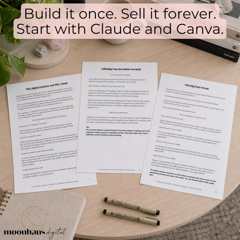 Digital products guide showing printable ebook pages created with Claude AI and Canva. Ideal for Etsy sellers wanting a side hustle, instant download income, and beginner-friendly digital products. Covers ai prompts ebook workflows, ChatGPT prompt techniques, and how to make money online selling trending products.