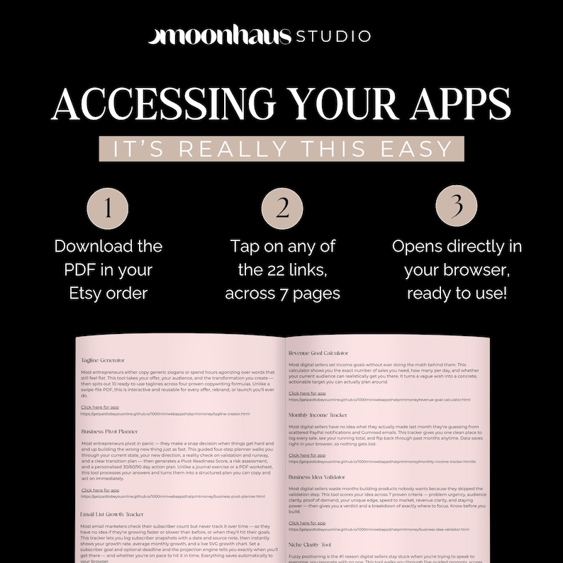 Black and pink instructional graphic from MoonHaus Studio explaining how to access 22 browser based mini web apps for small business use. Text reads “Accessing Your Apps. It’s Really This Easy” followed by steps for downloading the Etsy PDF, tapping the links, and opening tools directly in a browser including a profit calculator, income tracker, and tagline generator.