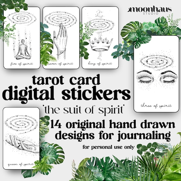 tarot card digital stickers png: hand drawn suit of tarot cards for journaling, book of shadows,