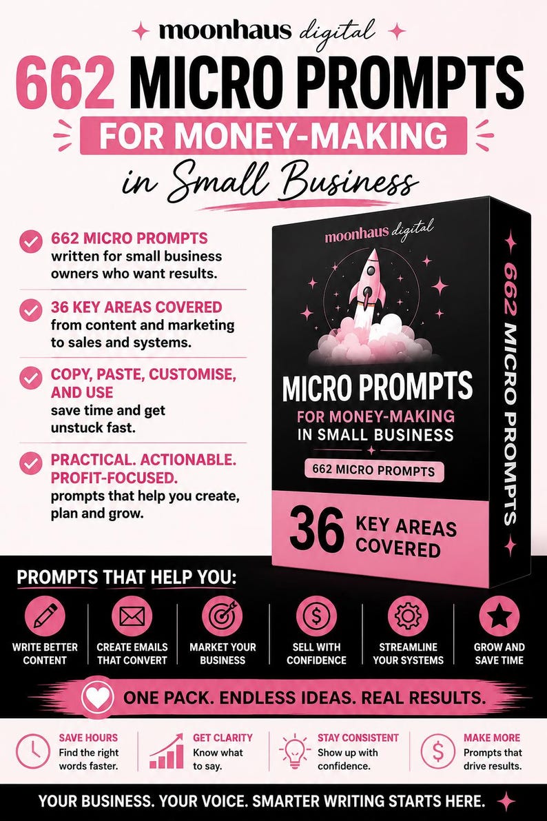 May include: A digital product guide titled 662 Micro Prompts for Money-Making in Small Business. The black and pink graphic features a rocket illustration, a list of benefits, and icons for writing content, email creation, marketing, and sales.