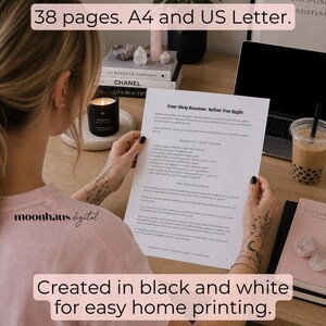 Lifestyle mockup of printable digital product pages designed for easy home printing in A4 and US Letter sizes. Perfect for Etsy sellers creating digital products, plr digital products, and instant download resources using Claude AI and Canva for a profitable side hustle.