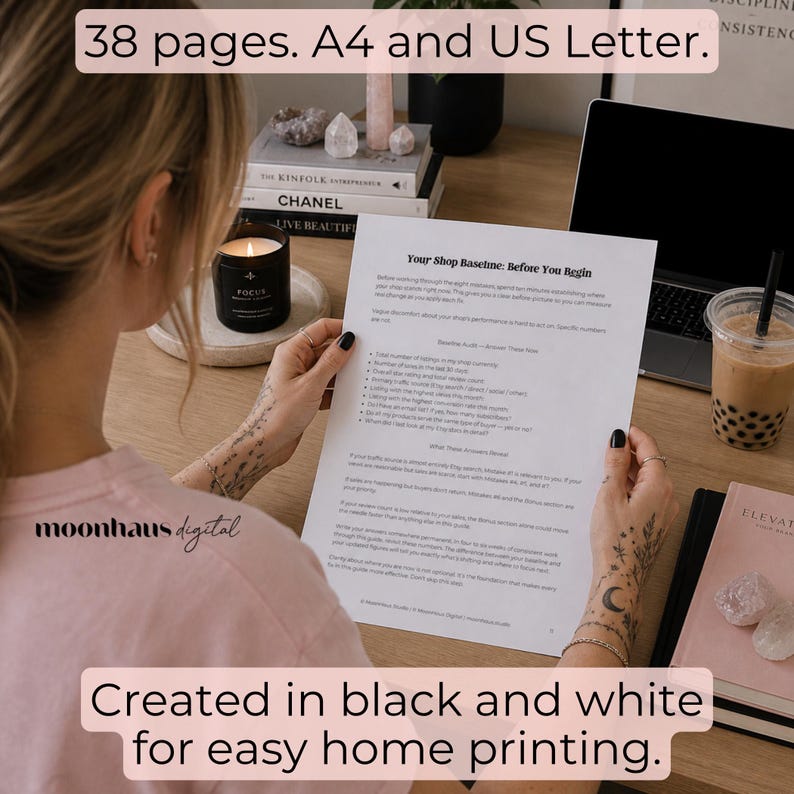 Lifestyle mockup of printable digital product pages designed for easy home printing in A4 and US Letter sizes. Perfect for Etsy sellers creating digital products, plr digital products, and instant download resources using Claude AI and Canva for a profitable side hustle.