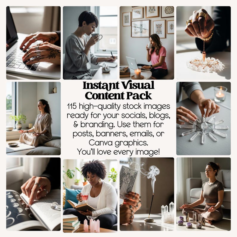 May include: A collection of images showing individuals using a laptop, drinking tea, and meditating. The text "Instant Visual Content Pack" is visible, with information about the images being suitable for social media, blogs, and branding.