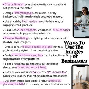 May include: A graphic with text detailing how to use images for businesses. The text includes tips for Pinterest, Instagram, Etsy, and website design. A woman is shown working on a laptop, and a phone with crystals is also shown.