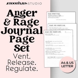 Puede incluir: Un conjunto de páginas de diario con el texto "Anger & Rage Journal Page Set. Vent. Release. Regulate." Las páginas incluyen plantillas "Rage Dump Page" y "Rage and Anger Log". El tamaño del papel es A4 y US Letter.