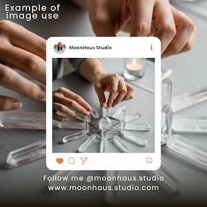May include: Clear quartz crystal wands arranged in a starburst pattern. The image is framed within a social media post, with the text "Example of image use" at the top and "Follow me @moonhaus.studio www.moonhaus.studio.com" at the bottom.