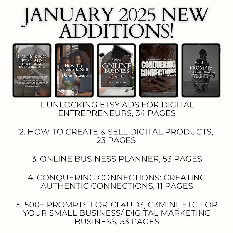 the newest additions from January 2025: unlocking etsy ads, create & sell digital products, online business planner, making authentic connections, 500+ prompts for certain programs to help your small business or brand.