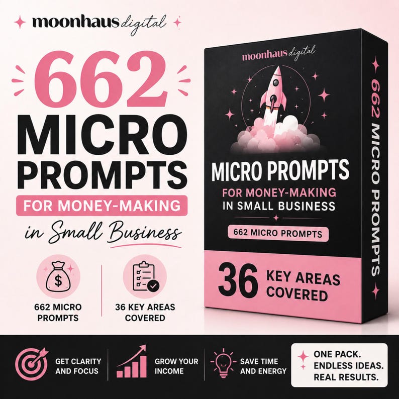 May include: A digital product box labeled 662 Micro Prompts for Money-Making in Small Business, featuring a rocket graphic, 36 key areas covered, and text detailing benefits like get clarity and focus, grow your income, and save time and energy.