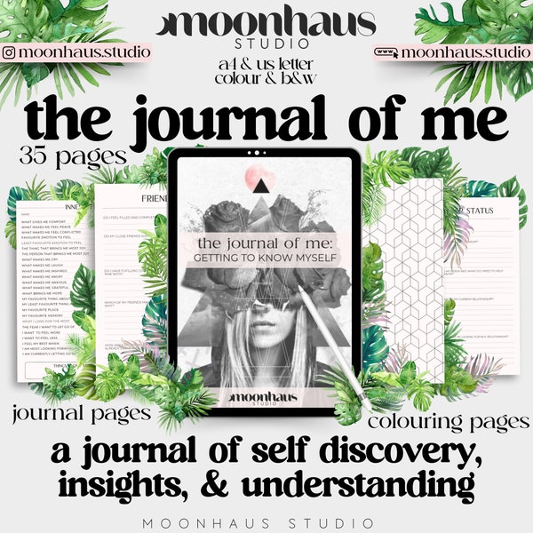 the journal of me: insight, self-discovery, self-understanding aesthetic journal & colouring pages, 35 pages