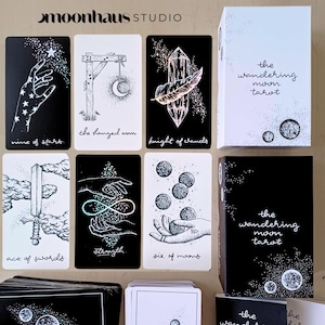 unique tarot card deck set: indie, black tarot holographic, pretty + cute tarot decks with guidebook & box | celestial, moon tarot cards