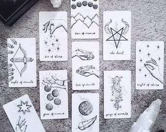 Hand-Drawn Celestial Tarot Deck | Black & White Cards, Beginner-Friendly, with Guidebook