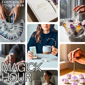 May include: A collection of images including tarot cards, crystals, a book titled "MODERN SPELLCRAFT", and a mug. The text "MAGICK HOUR" is displayed. The collage suggests a theme of spirituality, divination, and self-care, with the word "SKINCARE" also visible.