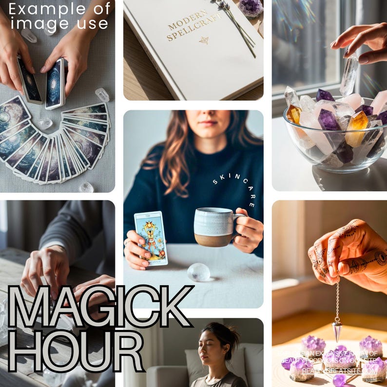 May include: A collection of images including tarot cards, crystals, a book titled "MODERN SPELLCRAFT", and a mug. The text "MAGICK HOUR" is displayed. The collage suggests a theme of spirituality, divination, and self-care, with the word "SKINCARE" also visible.