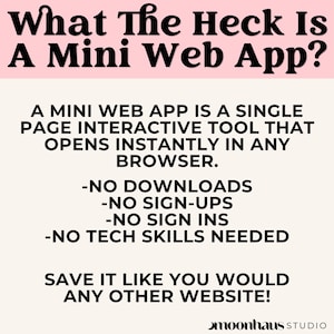 Educational graphic titled “What The Heck Is A Mini Web App?” explaining that a mini web app is a single page interactive browser tool with no downloads, no sign-ups, no sign-ins, and no tech skills needed. The design promotes easy to use tools for small business owners managing side hustle tasks like income tracking and profit calculation.