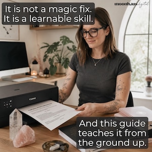 Woman with glasses printing pages from a prompt engineering guide beside a Canon printer in a cozy home office. Overlay text reads “It is not a magic fix. It is a learnable skill. And this guide teaches it from the ground up.” while crystals, notebooks, and printed prompt builder pages are displayed on the desk to promote best seller digital products.