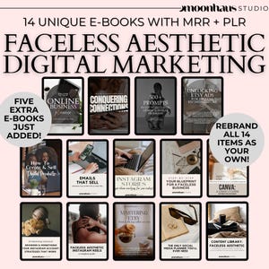 Könnte beinhalten: Eine Collage aus 14 digitalen Marketing-E-Books mit dem Titel "Faceless Aesthetic Digital Marketing" und dem Text "Rebrand All 14 Items As Your Own!" Die E-Books behandeln Themen wie Online-Geschäft, Eroberung von Verbindungen, Instagram-Geschichten, E-Mails, die verkaufen, Etsy-Anzeigen und Canva.