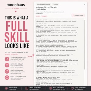 Puede incluir: Una visualizaci&oacute;n de producto digital que presenta el texto 'THIS IS WHAT A FULL SKILL LOOKS LIKE' en letras grandes de color rosa a la izquierda. El lado derecho muestra una interfaz blanca titulada 'Instagram Bio 150-Character Profile Helper' con texto detallado.