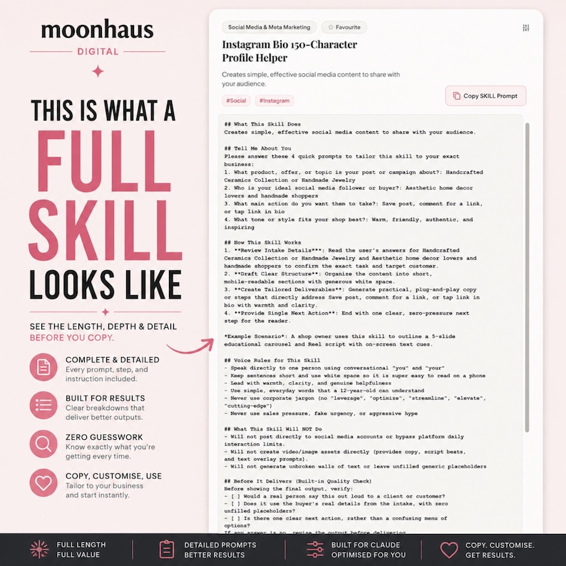 Puede incluir: Una visualizaci&oacute;n de producto digital que presenta el texto 'THIS IS WHAT A FULL SKILL LOOKS LIKE' en letras grandes de color rosa a la izquierda. El lado derecho muestra una interfaz blanca titulada 'Instagram Bio 150-Character Profile Helper' con texto detallado.