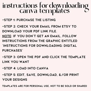 easy to follow instructions for downloading a digital purchase to one’s Canva account by using the supplied Canva link in purchase.