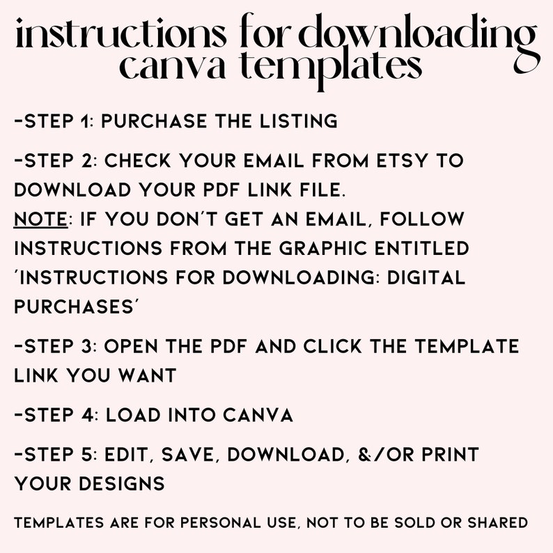 easy to follow instructions for downloading a digital purchase to one’s Canva account by using the supplied Canva link in purchase.