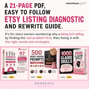 a 21 page guide to follow, Etsy listing help guide, and rewriting guide ebook